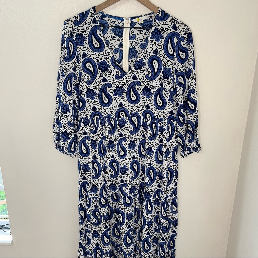 Boden Blue White Dress Women's Size 10P Beach Spring Casual Paisley Resort Maxi
